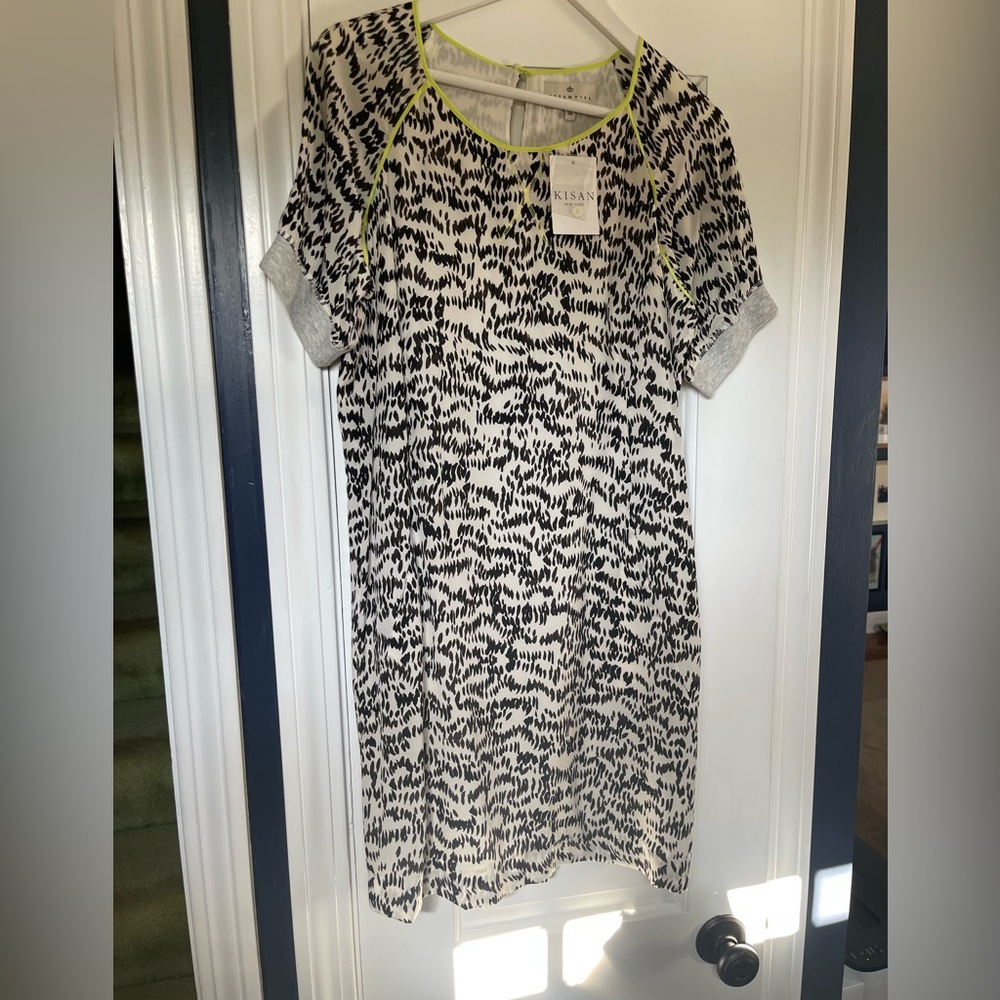 Essentiel Antwerp 100%Silk dress pockets black white print jersey cuff sleeve